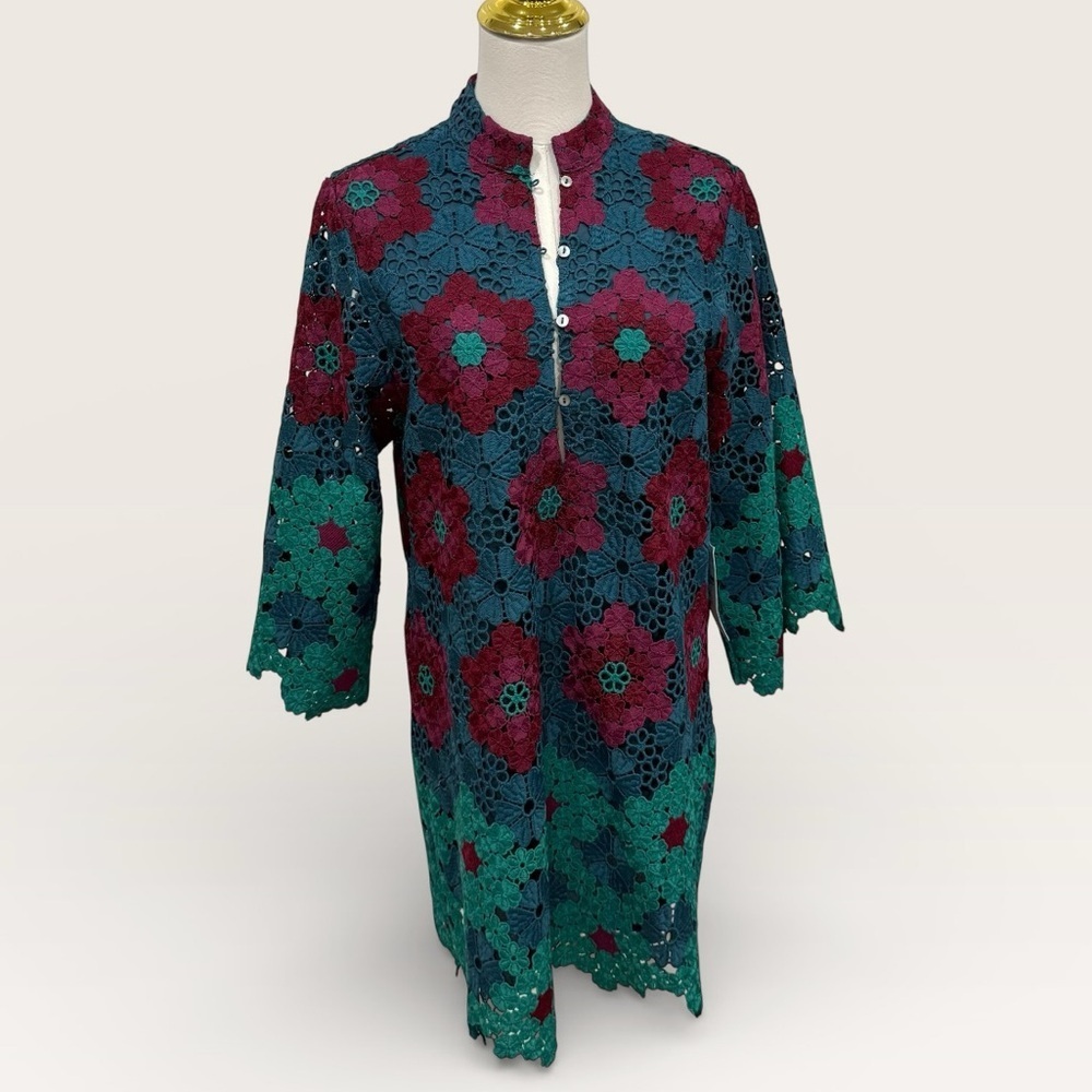J. Marie Asher XS Floral Lace 3/4 Sleeve Kaftan Short Dress Wine/Blue/Green NWT - Picture 12 of 16
